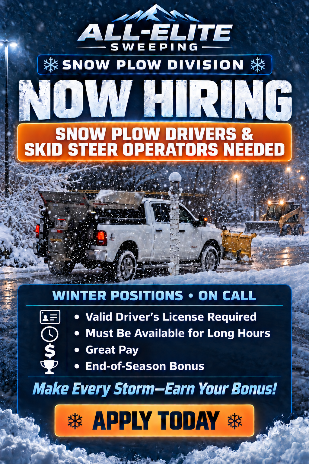 All-Elite Sweeping Snow Plow Division now hiring snow plow drivers and skid steer operators for on-call winter positions